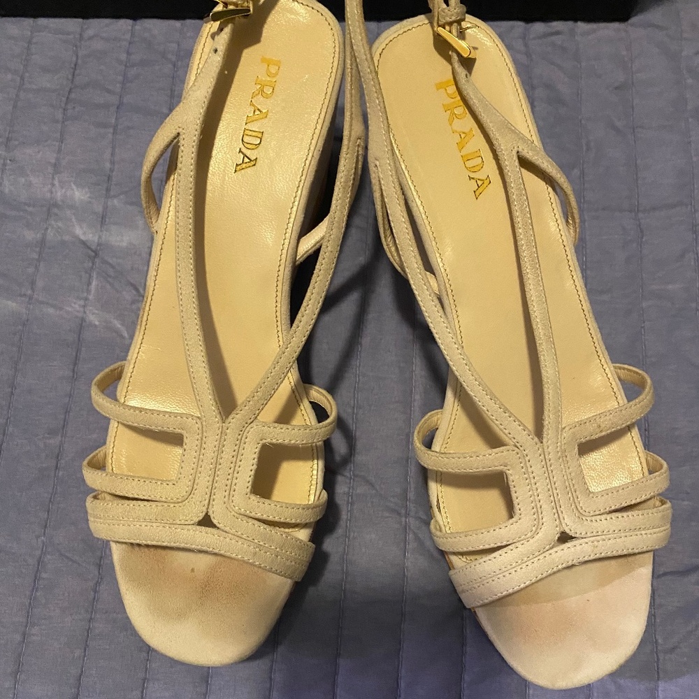 Prada leather cork wedge platform sling back sandals